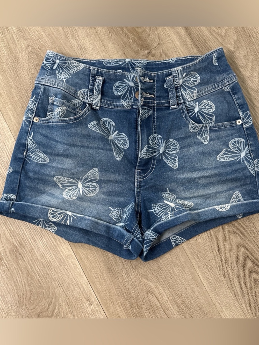 No Boundaries Blue Denim Butterfly Print Shorts